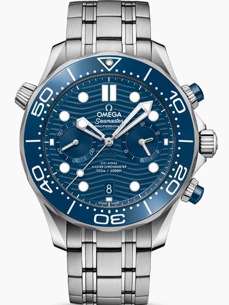 Omega Seamasater Diver timepiece. The watch contains a stainless steel 44mm case having a transparent back with a blue marker date dial blue diver scale unidirectional bezel and a sapphire crystal. The METAS certified Chronometer Crhoronograph self win