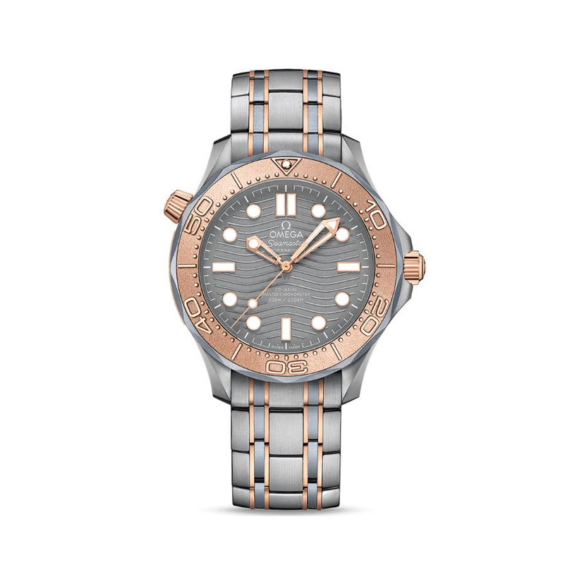 Seamaster Diver 300 Limited Edition timepiece. The 42mm titanium skeleton back case has a tantlum base with 18k Sedna gold unidirectional bezel gray sun brushed wave marker dial and a sapphire crystal.The METAS certified self-winding