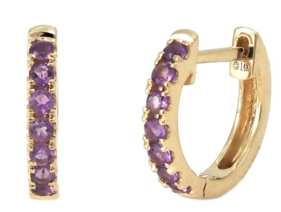 14 karat yellow gold prong set amethyst huggie hoop earrings.