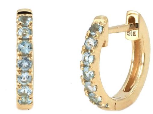 14 karat yellow gold prong set blue topaz huggie hoop earrings.