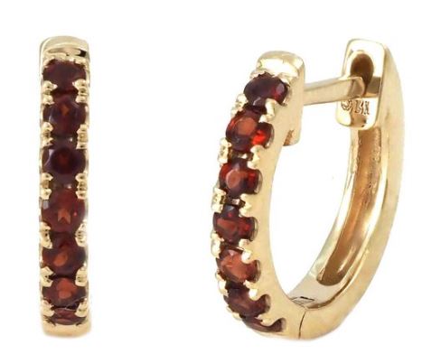 14 karat yellow gold prong set garnet huggie hoop earrings.
