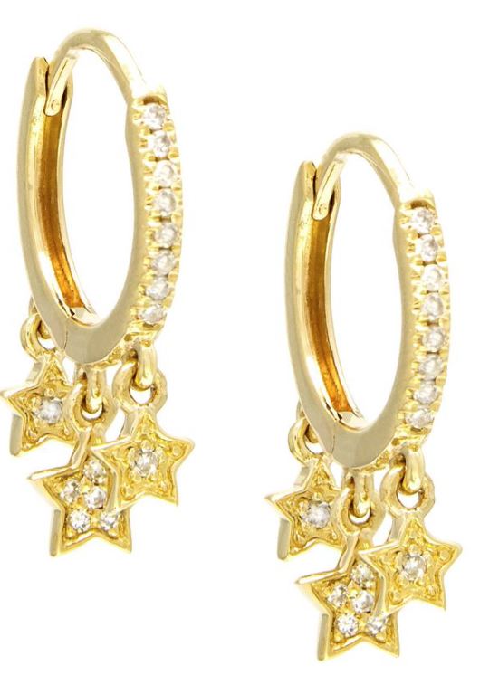 14 karat yellow gold diamond huggie earrings with diamond star dangles