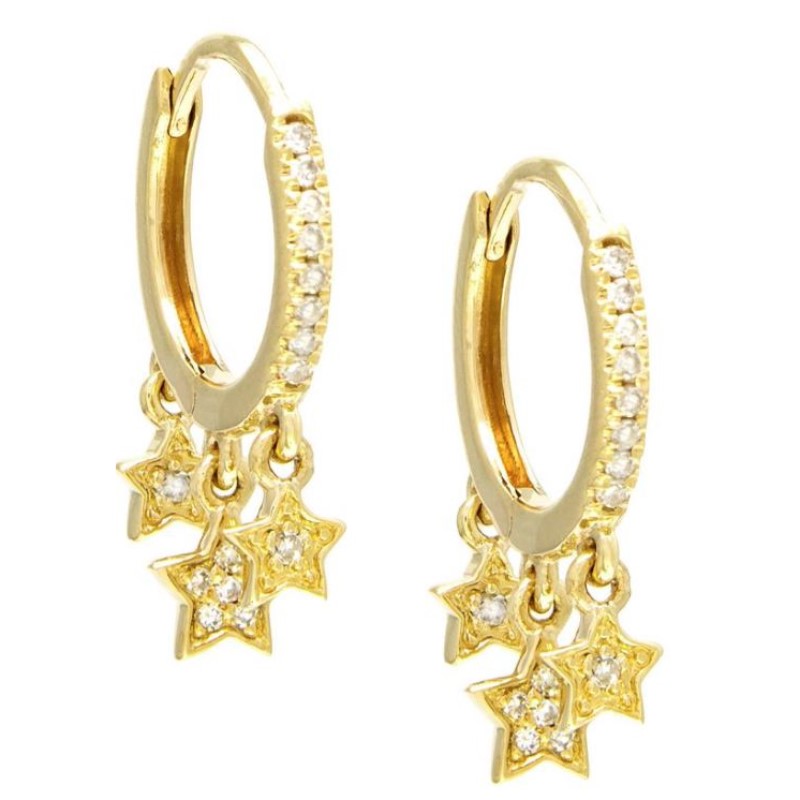 14 karat yellow gold diamond huggie earrings with diamond star dangles