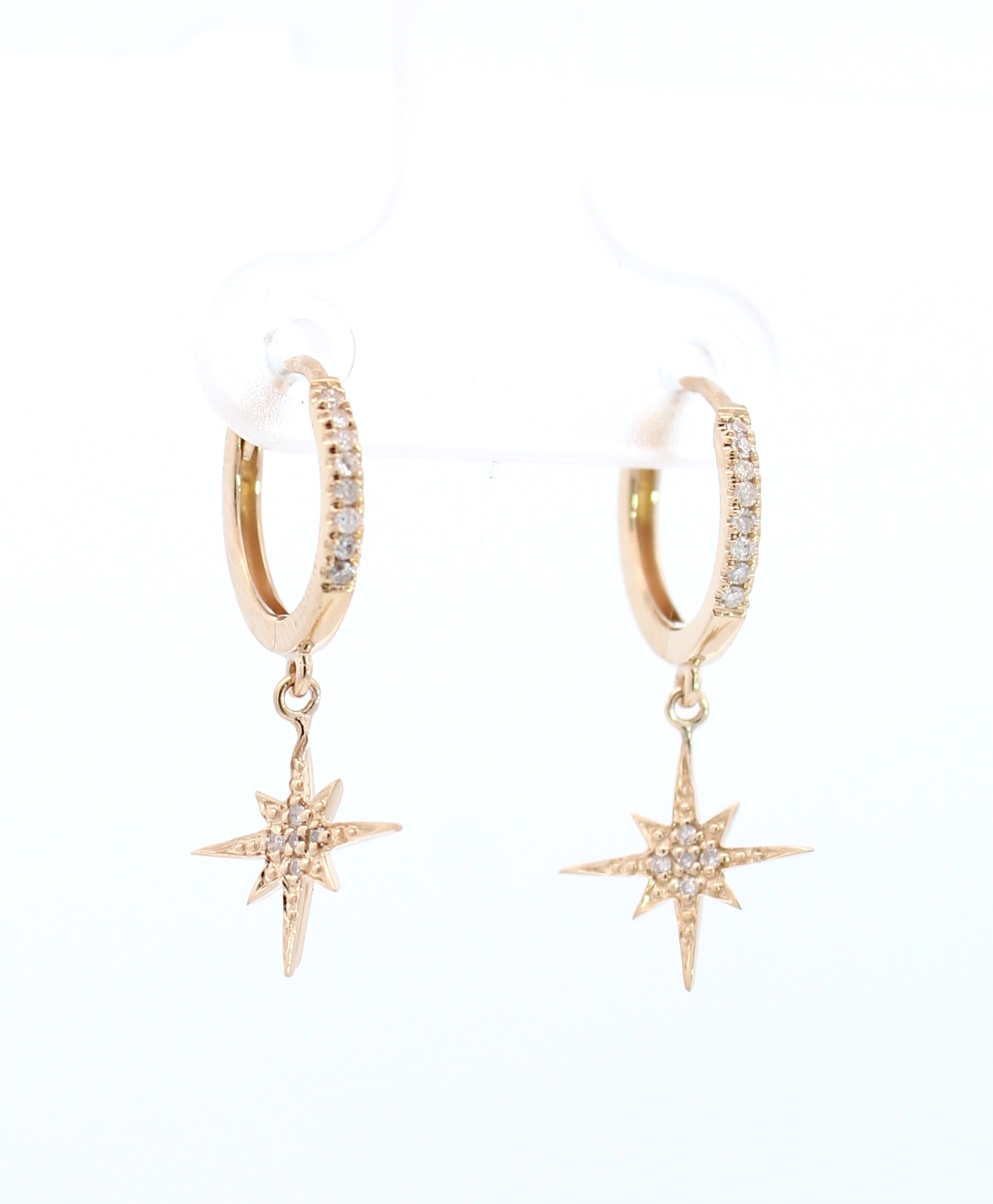 14 Karat Yellow Gold Huggie Hoop Earrings With Star Shaped Dangle