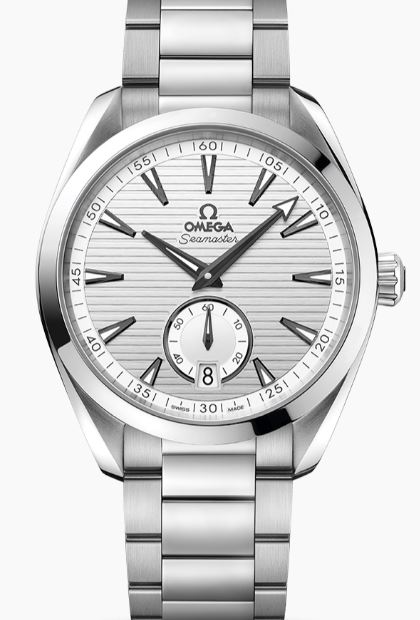 Omega Seamaster Auqa Terra timepiece. The watch contains a stainless steel 41mm case having a transparent back wtih a silver maker date dial having a sunken second hand dial smooth bezel and a sapphire crystal. The METAS certified Chronometer movement i