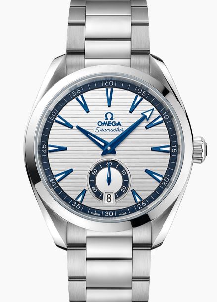Omega Seamaster Aqua Terra timepiece. The watch contains a stainless steel 41mm case having a transparent back with a silver stick dial having a sunken secong hand smooth bezel and sapphire crystal. The METAS certified Chronometer movement is water resis