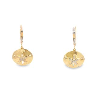 14 Karat Yellow Gold Diamond Sand Dollar Dangle Earrings