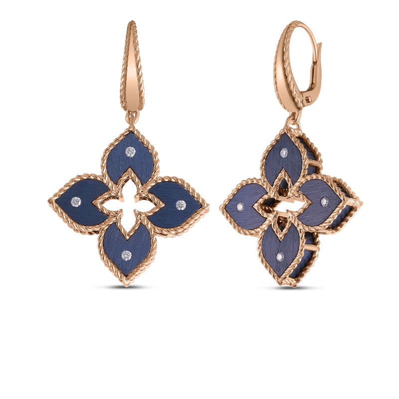 Roberto Coin 18 Karat Rose Gold Venetian Princess Small Blue Titanium And Diamond Flower Dangle Earrings