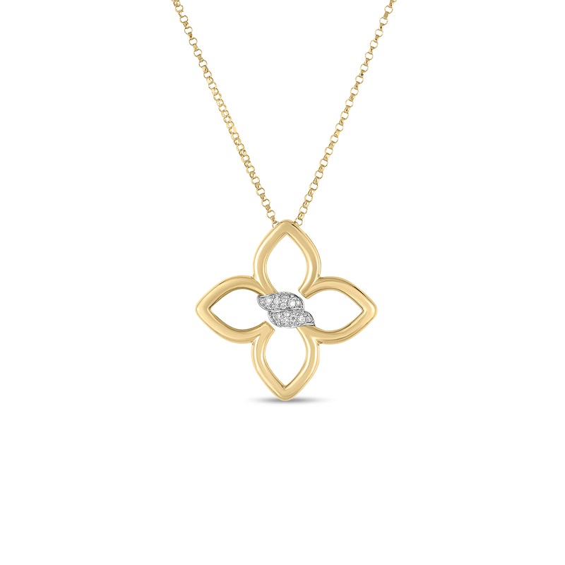 Roberto Coin 18 Karat Yellow And White Gold Cialoma Small Diamond Flower Necklace Measuring 18 Inches
