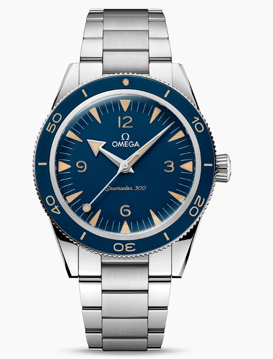 Omega SeaMaster 300 timepiece. The watch contains a stainless steel 41mm case having a transparent back blue marker Arabic dial a blue unidirectional rotating diving scale bezel and a sapphire crystal. The METAS certified self winding Chronometer moveme