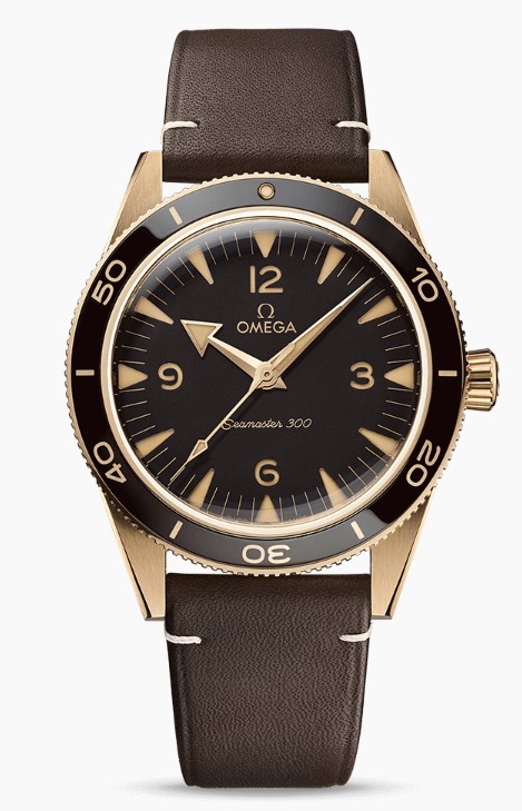 Omega SeaMaster 300 timepiece. The watch contains a 41mm 9K bronze gold case having a brown marker Arabic dial a brown unidirectional diving scale bezel and a sapphire crystal. The METAS certified self winding Chronometer movement is water resistant to