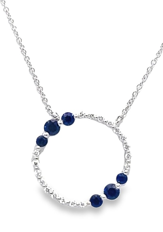 14 Karat White Gold Blue Sapphire And Diamond Circle Necklace 18 Inches Adjustable To 16 Inches