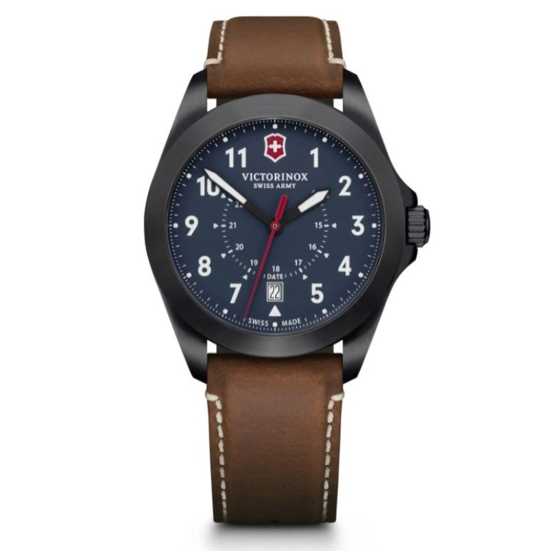 Swiss Army Heritage timepiece. The watch contains a 40mm blue Arabic date dial with military time a smooth black bezel quartz movement with a brown strap.