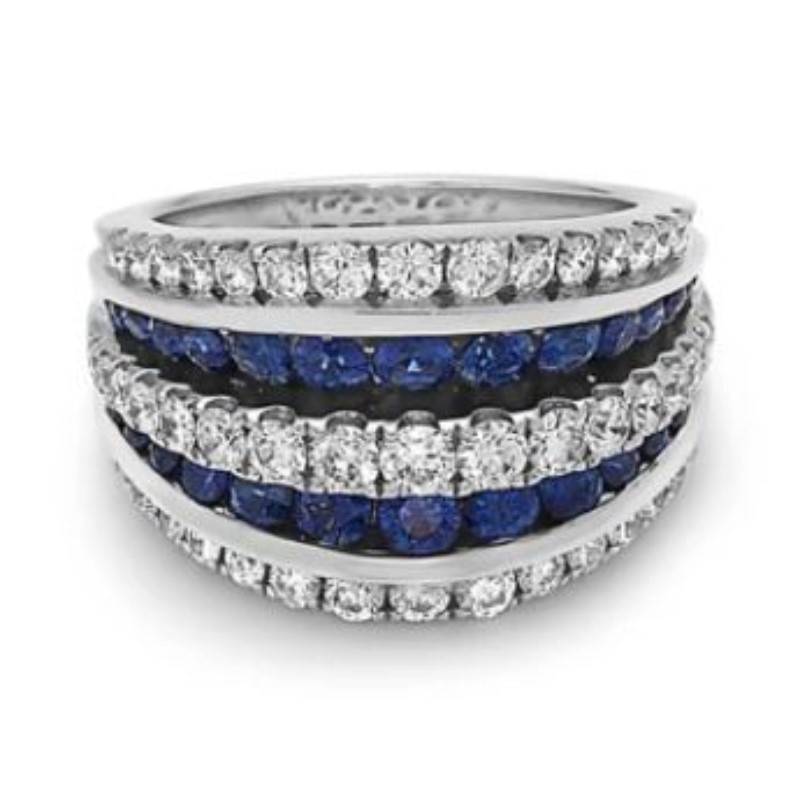 Charles Krypell Eighteen Karat White Gold Diamond And Blue Sapphire Ring   The Ring Contains 3 Rows Having A Total Of 46 Full Cut Diamonds Prong Set Alternating With 2 Rows Having A Total Of 26 Round  Cut Blue Sapphires Channel Set