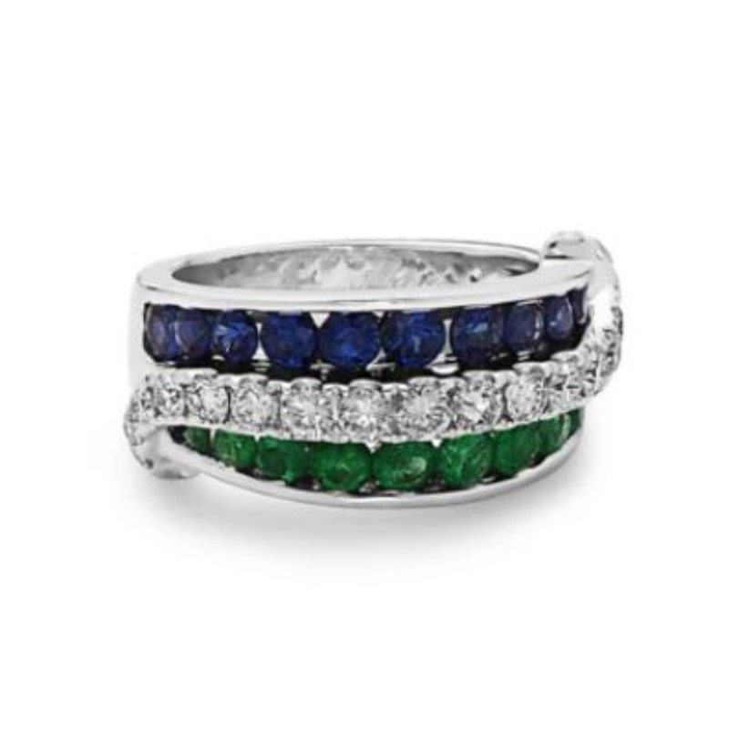 Charles Krypell eighteen karat white gold diamond  emerald and blue sapphire band