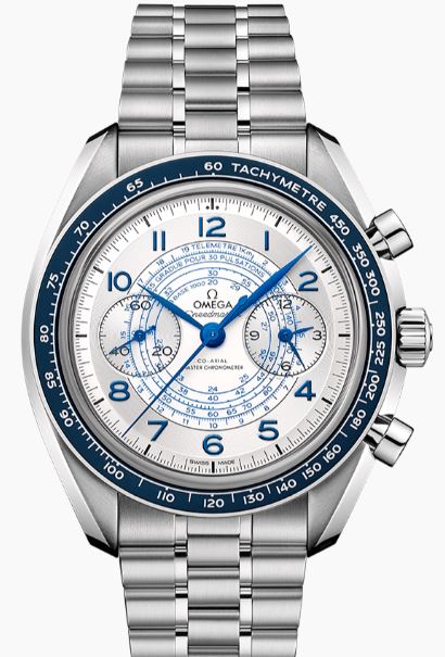 Omega Speedmaster Chronoscope timepiece. The watch has a stainless steel 43mm case having a transparent back wtih a silver Arabic dial tachymeter time zone function and a telemeter with a smooth bezel and a sapphire crystal. The METAS certified Chrono