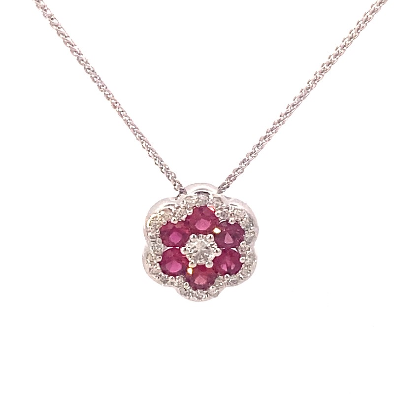 18 Karat White Gold Ruby And Diamond Pendant Necklace Measuring 18"