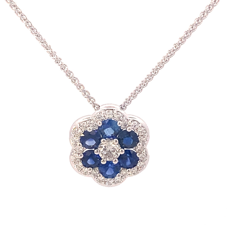 18 Karat White Gold Blue Sapphire And Diamond Pendant Necklace Measuring 18"