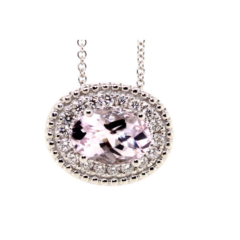 Charles Krypell 18 Karat White Gold Morganite And Diamond Pendant From The Pastel Collection Suspended On An Eighteen Karat White Gold Fine Rope Chain Measuring 18