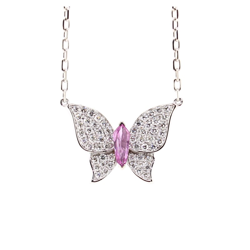 Charles Krypell 18 Karat White Gold Pink Sapphire And Diamond Butterfly Necklace