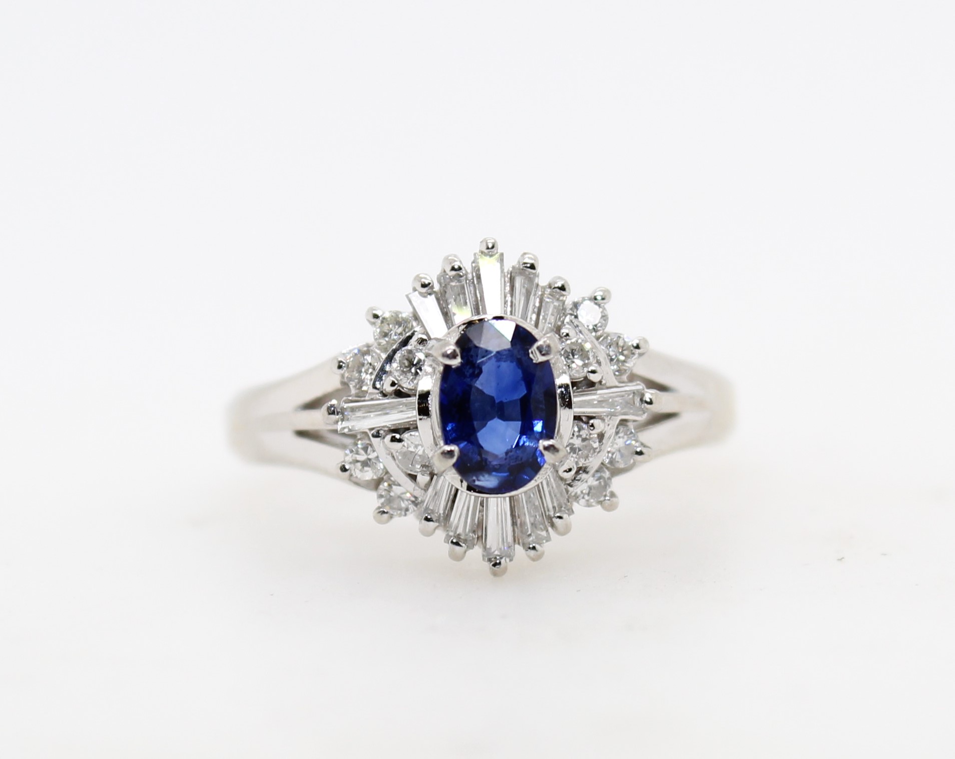 Estate Platinum Oval Blue Sapphire And Diamond Ring