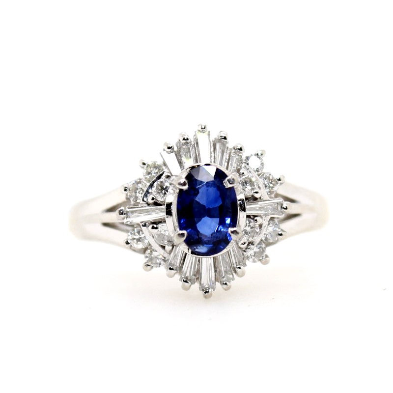 Estate Platinum Oval Blue Sapphire And Diamond Ring