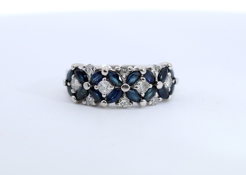 Estate 14 Karat White Gold Diamond And Blue Sapphire Ring