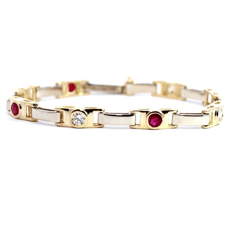 Estate 14 Karat Yellow Gold Diamond And Ruby Bracelet Measuring 7"