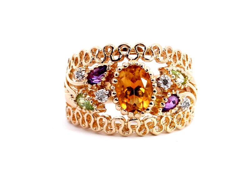 Estate 14 Karat Yellow Gold Citrine  Amethyst  Peridot And Diamond Ring
