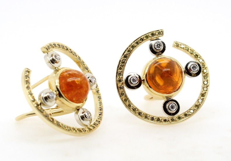 Estate 18 karat yellow gold Mexican fire opal and diamond earrings