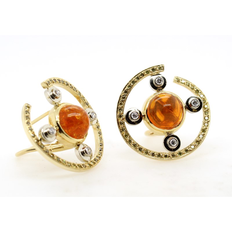 Estate 18 karat yellow gold Mexican fire opal and diamond earrings