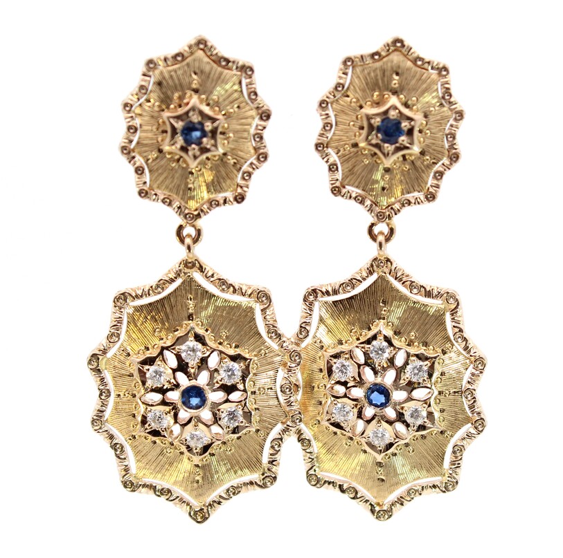 Estate 18 Karat Yellow Gold Blue Sapphire And Diamond Buccellati Style Dangle Earrings