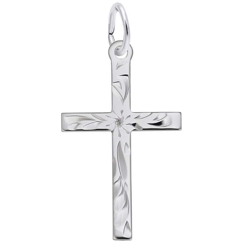 Medium Engraved Cross Charm Sterling Silver