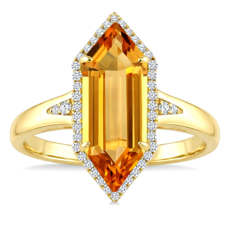Hexagon Shape Citrine And Diamond Halo Ring