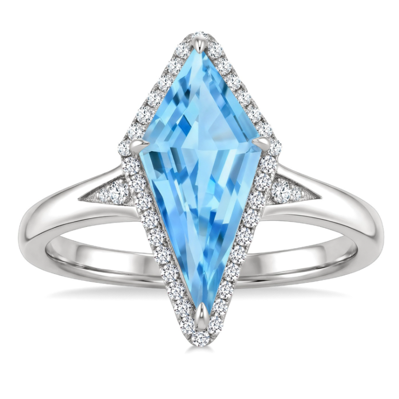 Kite Shaped Blue Topaz And Diamond Halo Ring