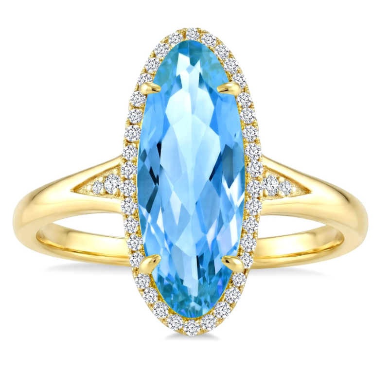 Oval Blue Topaz And Diamond Halo Ring