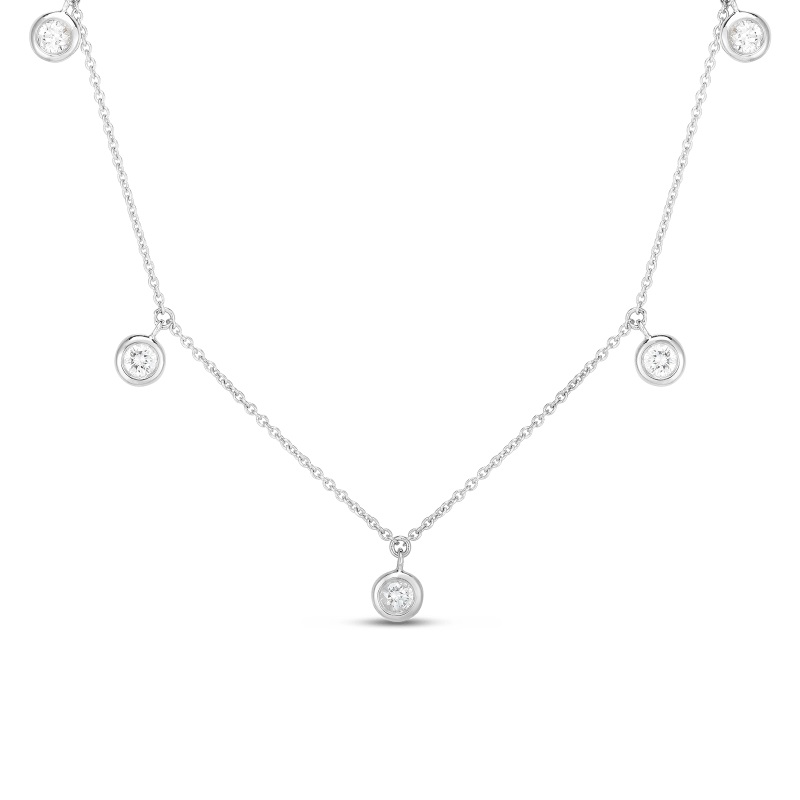 Roberto Coin Eighteen Karat White Gold Five Station Diamond Dangle Necklace On An Oval Link Chain Measuring 18 Inches Long Adjustable To 16 Inches