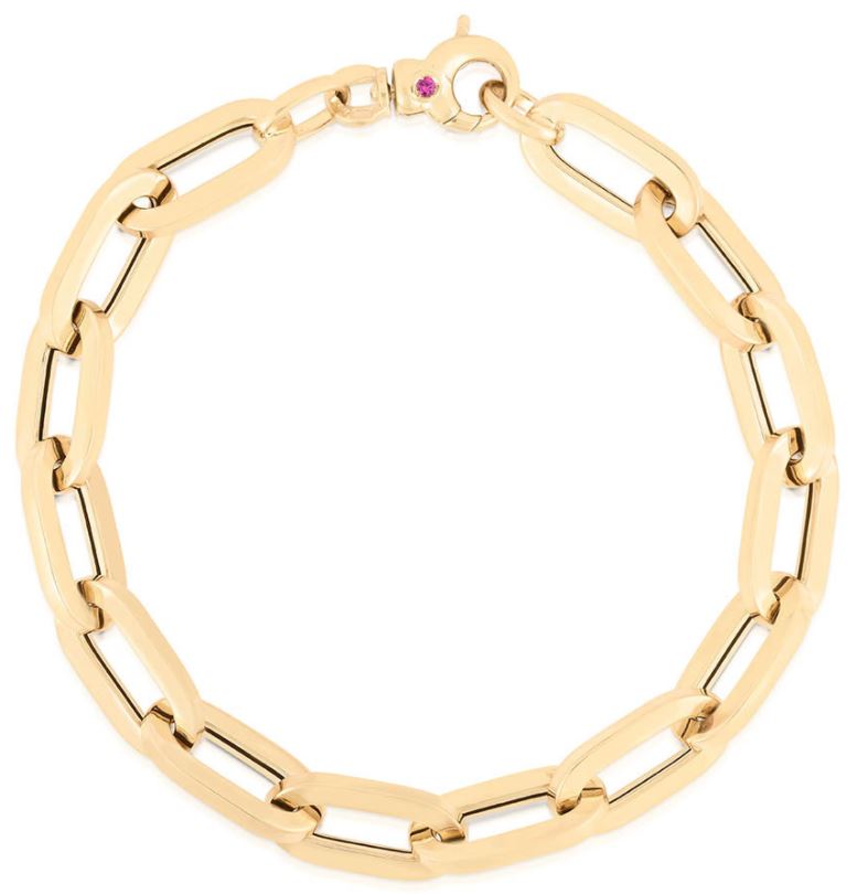 Roberto Coin eighteen karat yellow gold "Classic Oro Collar" oval link bracelet measuring 7.25 inches long with a lobster clasp.