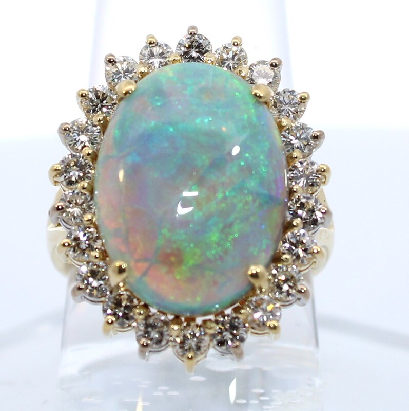 Estate 14 Karat Yellow Gold Opal And Diamond Ring