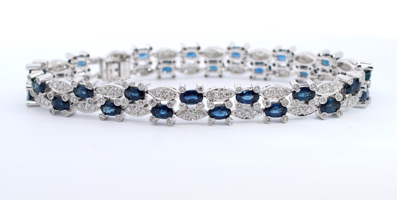 Estate 18 Karat White Gold Diamond And Blue Sapphire Two Row Link Bracelet Measuring 7"