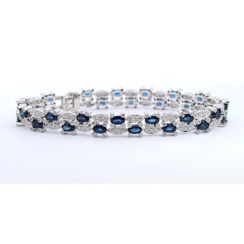 Estate 18 Karat White Gold Diamond And Blue Sapphire Two Row Link Bracelet Measuring 7"