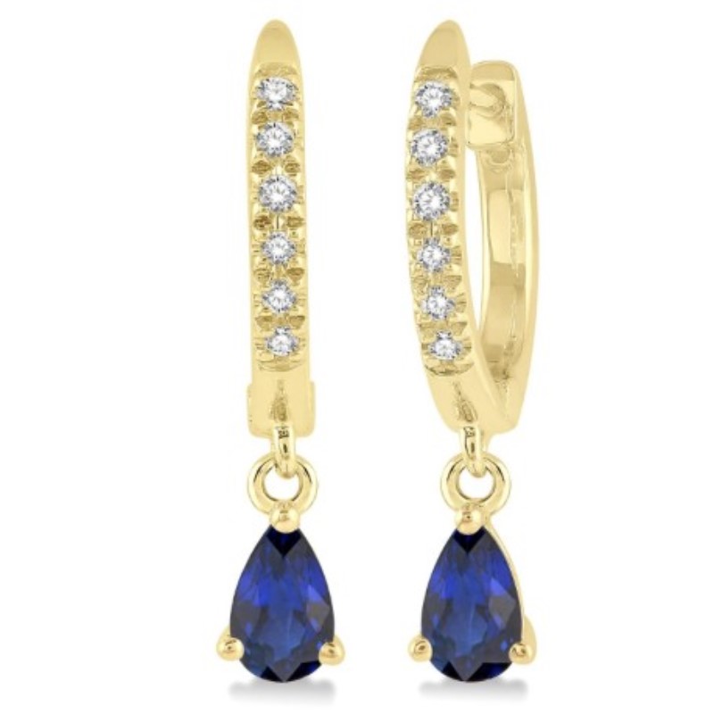 Pear Shape Blue Sapphire And Petite Diamond Huggie Fashion Earrings