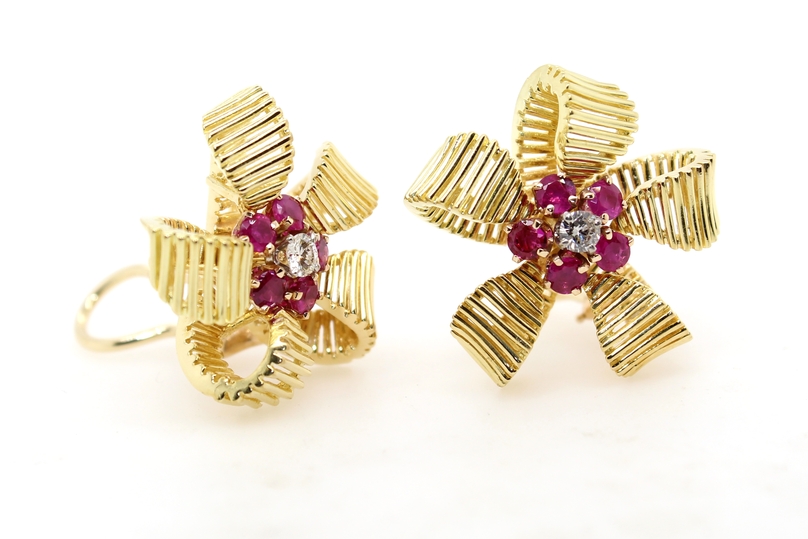 Estate 18 karat yellow gold diamond and ruby earrings with pierced Omega backs