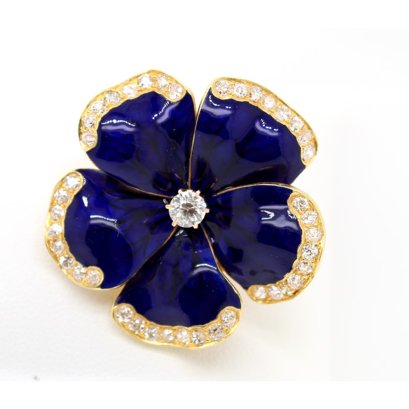 Estate 14 Karat Yellow Gold Diamond And Blue Enamel Pin Pendant