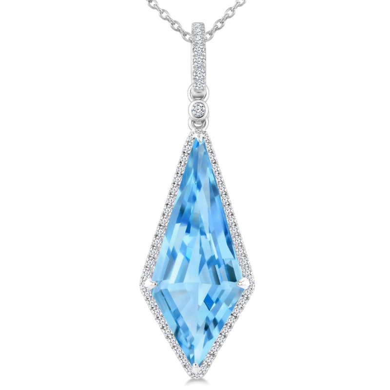 Kite Shape Blue Topaz And Diamond Halo Pendant Necklace