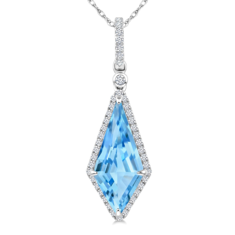 Kite Shape Blue Topaz And Diamond Halo Pendant Necklace