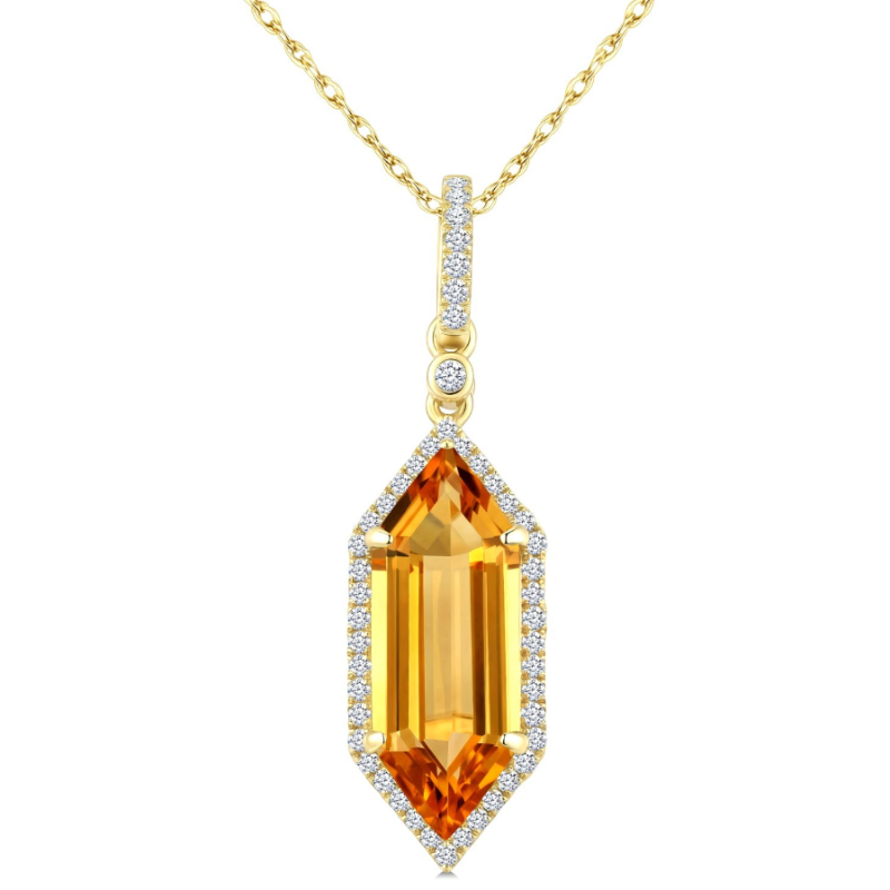 Hexagon Shape Citrine And Diamond Halo Pendant Necklace
