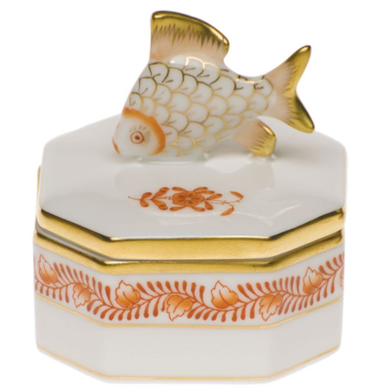 Herend Porcelain Petite Octagonal Fish Box In Rust.