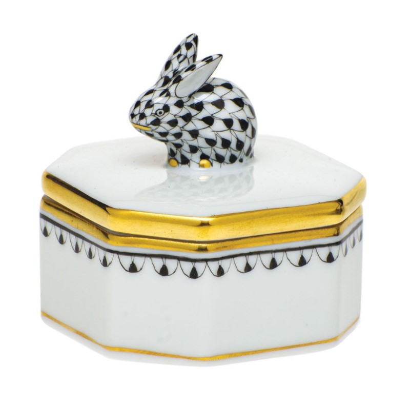 Herend Black Bunny Petite Octagonal Box