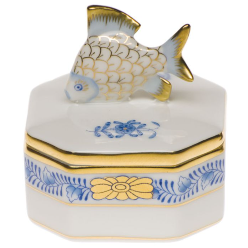 Herend Porcelain Petite Octagonal Fish Box In Blue